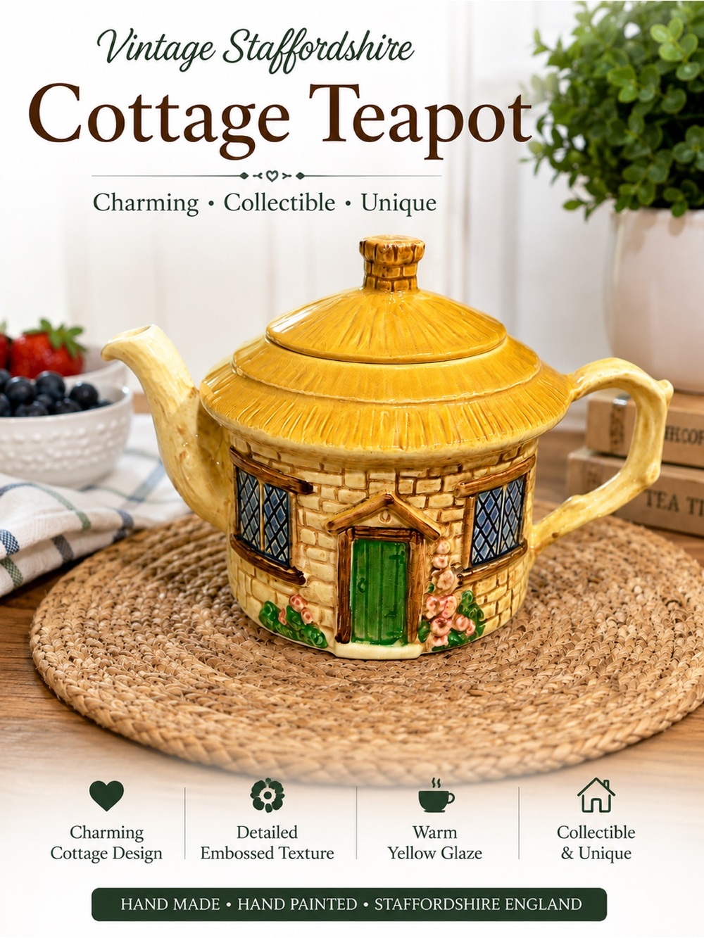 Vintage Staffordshire England Hand-Painted Cottage Teapot | #683